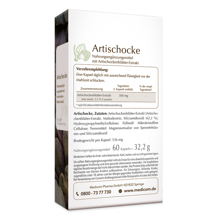 Die Rückseite der Produktpackung Artischocke von Medicom mit Angabe von Verzehrempfehlung und Zutatenliste