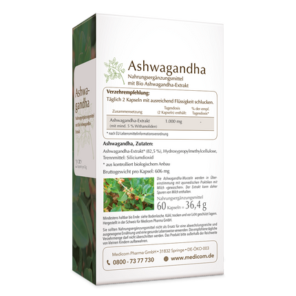 Die Rückseite von der Produktpackung von Ashwagandha