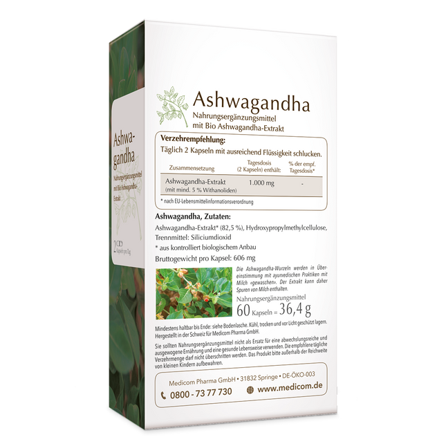 Die Rückseite von der Produktpackung von Ashwagandha