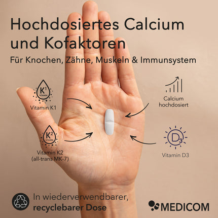 ine Handinnenfläche und eine Tablette von Calcium Tabletten 600 mg von  Medicom in der Mitte der Hand. Produktinformationen: für Knochen, Zähne, Muskeln und Immunsystem. Auflistung von Inhaltsstoffen mit Pfeiltexten: Calcium, Vitamin K1, Vitamin K2 (all-trans MK-7) und Vitamin D3 
Produktmerkmal: Dose auf Basis von Zuckerrohr
