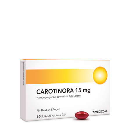 Die Vorderseite der Packung Carotinora 15 mg von Medicom