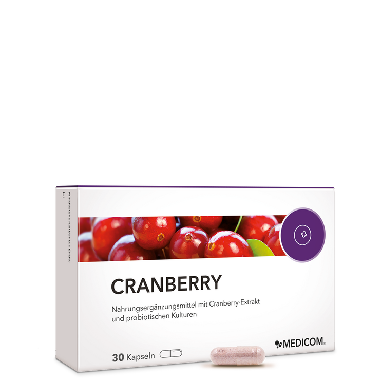 Die Vorderansicht der Packung von Cranberry mit der Angabe 30 Kapseln