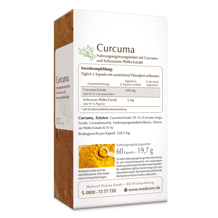 Die Rückansicht der Produktpackung von Curcuma mit Angabe der Verzehrempfehlung, Zusammensetzung und der Zutaten