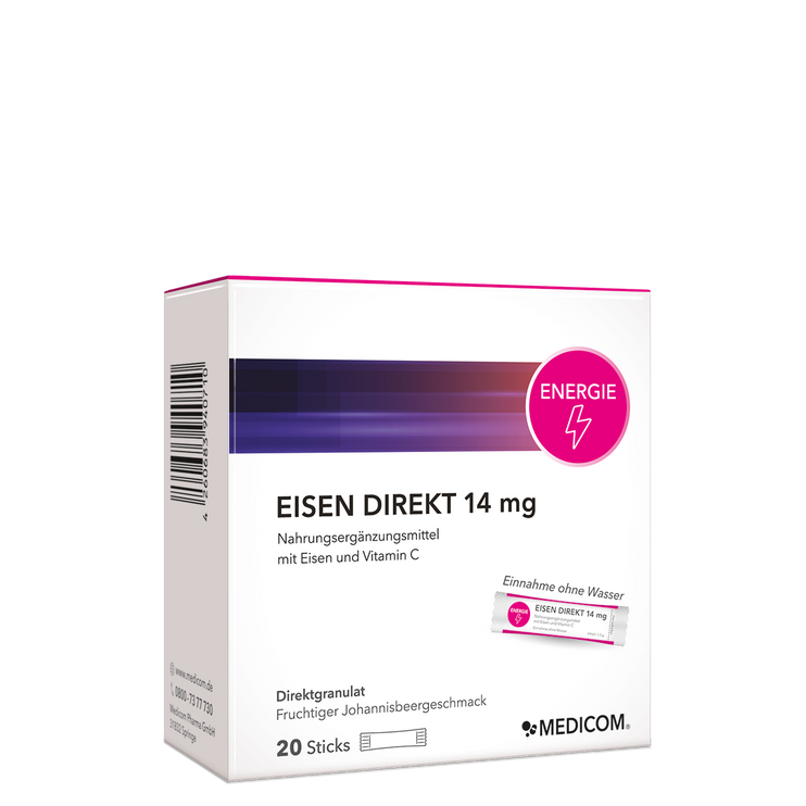 Eisen Direkt 14 mg – 20 Sticks – Die Produktpackung in der Vorderansicht