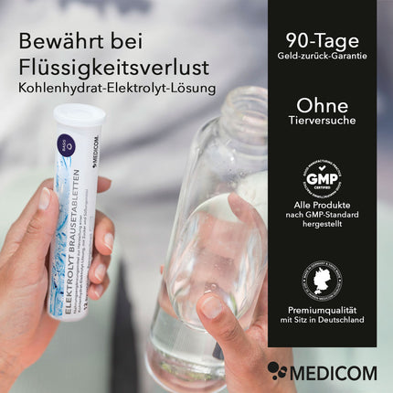 
Produktinformationen zu Elektrolyt Brausetabletten mit Auflistung von Qualitätssiegel und Zertifikaten sowie 90-Tage Geld-zurück-Garantie