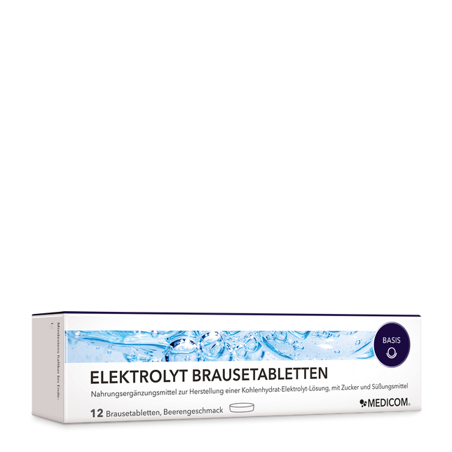 Die Produktpackung von Elektrolyt Brausetabletten von Medicom in der Vorderansicht