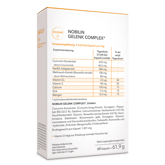 Die Rückansicht der Produktpackung Nobilin Gelenk Complex® mit genauer Angabe von Verzehrempfehlung, Zusammensetzung und Zutaten