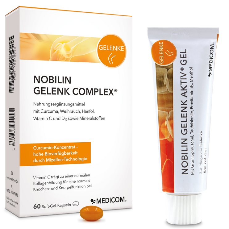 Die Produktkombination von Medicom zur Pflege der Gelenke: Nobilin Gelenk Complex® und Nobilin Gelenk Akitv® Gel