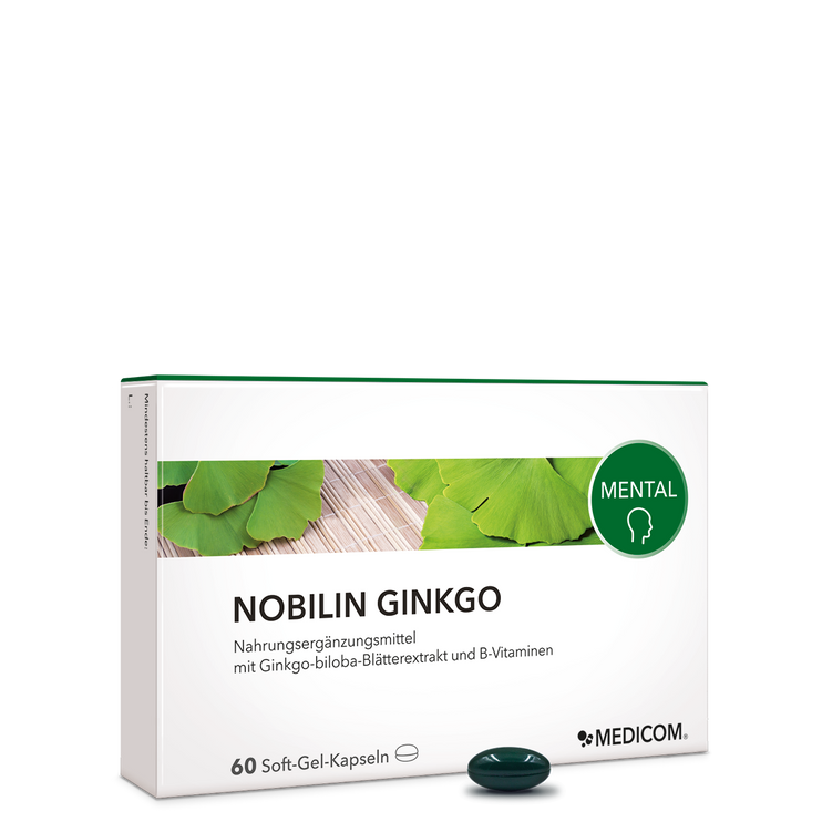 Die Vorderseite der Produktpackung Nobilin Ginkgo von Medicom für die geistige Fitness