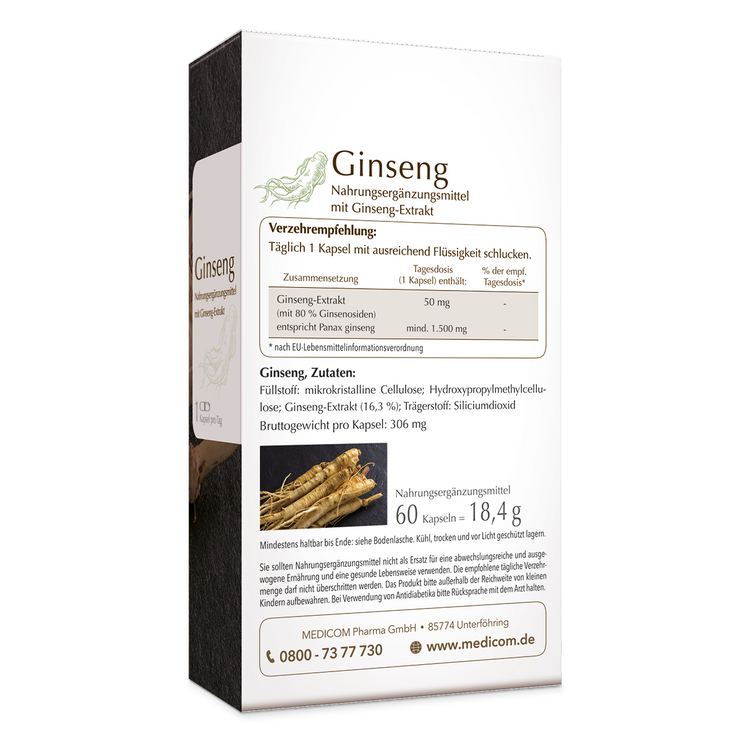 Die Rückseite des Ginseng-Produktes mit Angabe von Verzehrempfehlung und Zutaten sowie Gewicht und Kapselanzahl