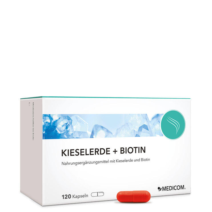 Vorderansicht der Packung Kieselerde + Biotin von Medicom