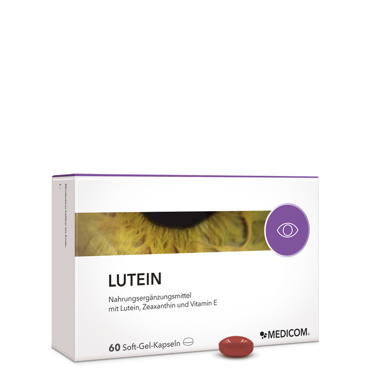 Lutein-Packung von Medicom mit Lutein, Vitamin E und Zeaxanthin
– Vorderansicht