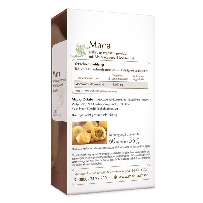 Die Rückseite der Packung von Maca Medicom Terra® mit genauer Angabe der Verzehrempfehlung und der Zutaten