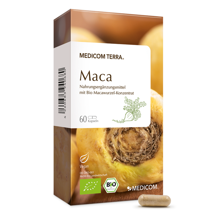 Maca aus der Medicom Terra®-Naturlinie – Vorderansicht der Produktpackung