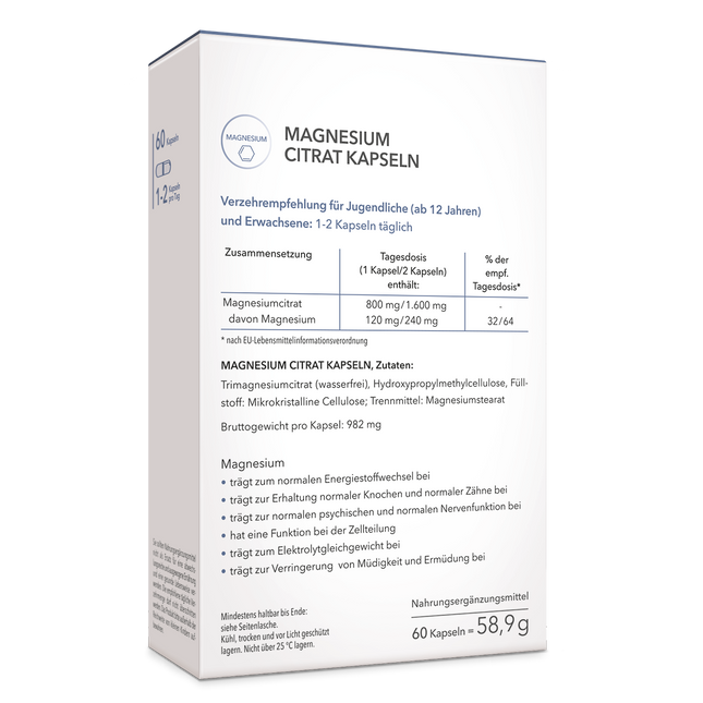 Rückseite von Magnesium Citrat Kapseln