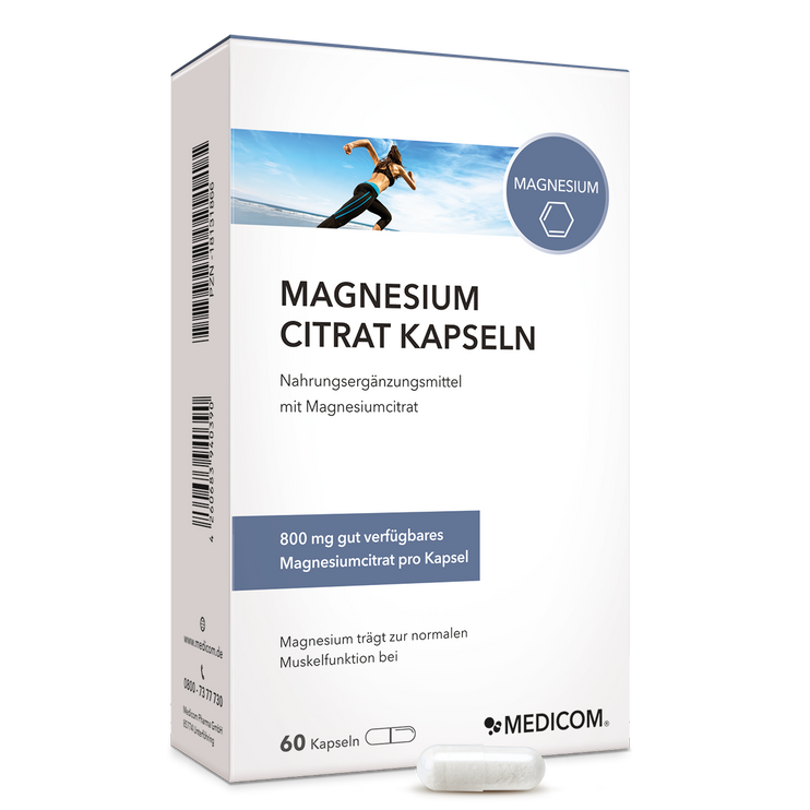 Magnesoium Citrat Kapseln – Vorderansicht der Produktpackung