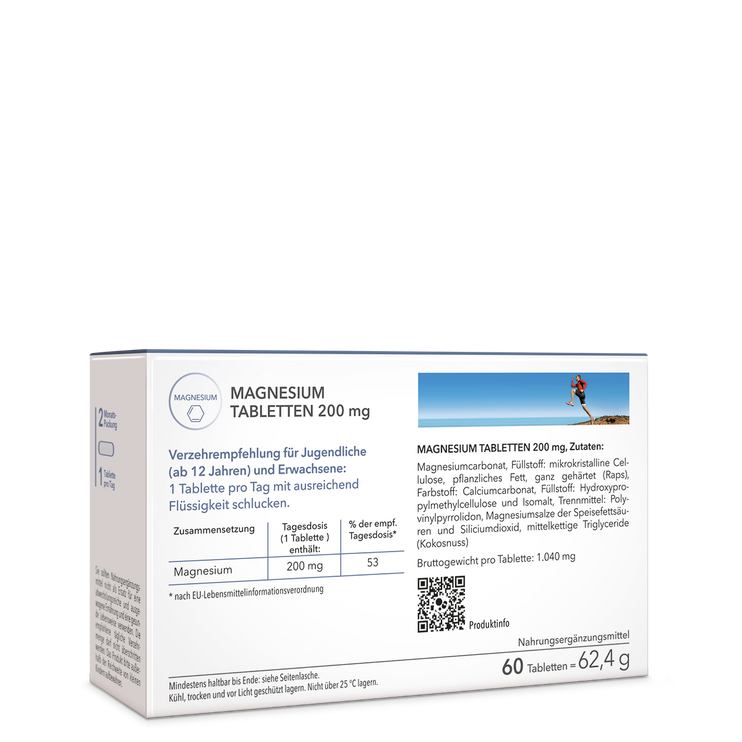 Produktpackung Magnesium Tabletten 200 mg Rückansicht mit Produktdetailinformationen