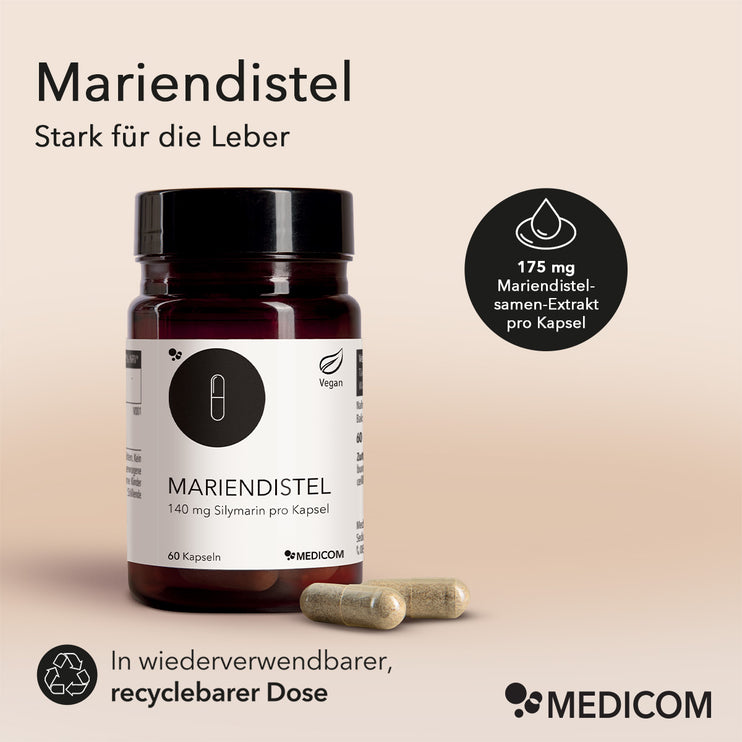 Die Produktdose von Mariendistel von Medicom mit zwei Kapseln im Vordergrund. Produktinformationen: 175 mg pro Kapsel und in der wiederverwendbaren, recyclebaren Dose