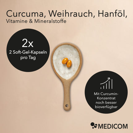 Produktinformationen zu Nobilin Gelenk Complex® , 2 Soft-Gel-Kapseln pro Tag, mit Curcumin-Konzentrat noch besser verfügbar. Keramiklöffel mit zwei Kapseln