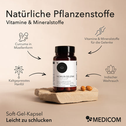 Abbildung der Dose von Nobilin Gelenk Complex® mit vier Pfeiltexten: Curcuma in Mizellenform, kaltgepresstes Hanföl, Vitamine & Mineralstoffe für die Gelenke und indischer Weihrauch