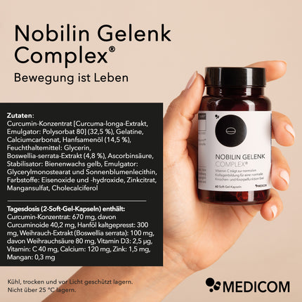 Eine Frauenhand hält Nobilin Gelenk Complex® in der Hand. Daneben steht Text mit Produktinformationen zu Nobilin Gelenk Complex®: Bewegung ist Leben sowie die genaue Angabe von Zutaten und die Tagesdosis von 2 Soft-Gel-Kapseln sowie Aufbewahrungsempfehlungen.