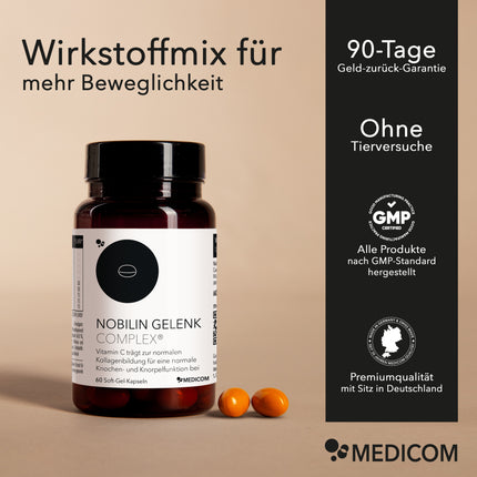 Produktinformationen zu Nobilin Gelenk Complex®: Wirkstoffmix für mehr Beweglichkeit. Darunter ist die Dose des Produktes von Medicom abgebildet und rechts daneben Qualitätsmerkmale wie GMP-Standard