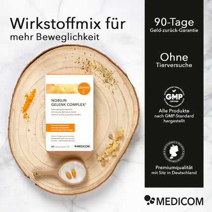 Die Produktpackung von Nobilin Gelenk Complex® und rechts im Bild ein schwarzer Balken mit Siegeln und Qualitätszertifikaten von Medicom