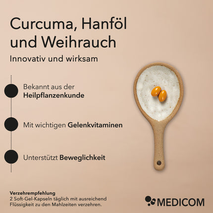 Produktinformationen zu Nobilin Gelenk Complex®: Curcuma, Hanföl und Weihrauch, innovativ und wirksam, bekannt aus der Heilpflanzenkunde, mit wichtigen Gelenkvitaminen, unterstützt Beweglichkeit sowie die Verzehrempfehlung. Rechts im Bild ein Keramiklöffel mit zwei Soft-Gel-Kapseln