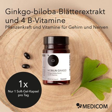 Die Produktdose von Nobilin Ginkgo mit Produktinformationen und Angabe der Tagesdosis
