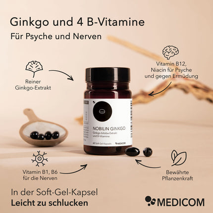 Die Produktdose von Nobilin Ginkgo mit Produktinformationen, für Psyche und Nerven, mit Inhaltsstoffen und der leicht zu schluckenden Soft-Gel-Kapsel