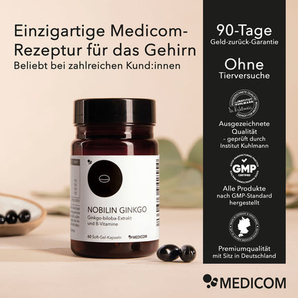 Die Produktdose von Nobilin Ginkgo mit Produktinformationen: Einzigartige. Medicom-Rezeptur. Rechts im Bild Informationen zu Qualitätssiegeln und Zertifikaten.