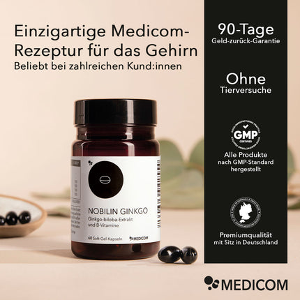 Die Produktdose von Nobilin Ginkgo mit Produktinformationen: Einzigartige Medicom-Rezeptur. Rechts im Bild Informationen zu Qualitätssiegeln und Zertifikaten von Medicom.