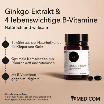 Die Produktdose von Nobilin Ginkgo 
 mit 2 Soft-Gel-Kapseln und Produktinformationen sowie Verzehrempfehlung