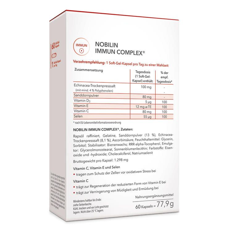 Die Rückansicht der Produktpackung Nobilin Immun Complex® mit genauer Information zu Verzehrempfehlung, Zusammensetzung und Zutaten 