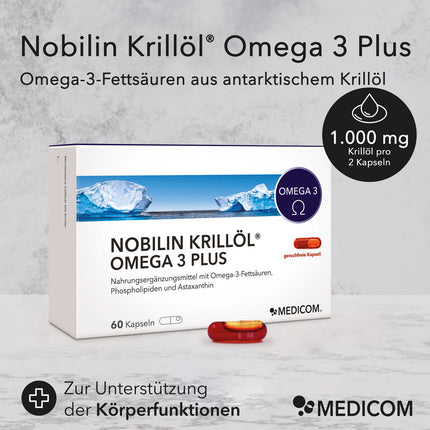 Die Packung von Nobilin Krillöl® Omega 3 Plus mit der Angabe von 1.000 mg Krillöl pro Kapseln plus weiteren Produktinformationen