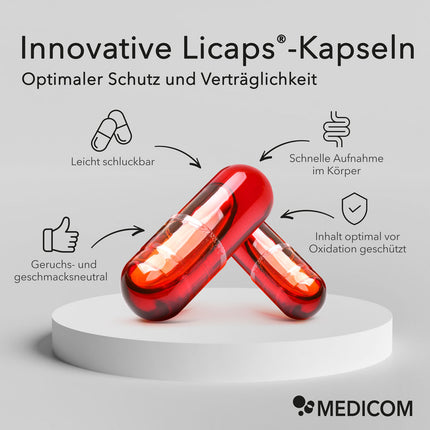 Detailinformationen zu den Krillölkapseln und den Vorteilen wie leicht schluckbar, geruchs- und geschmacksneutral, schnelle Aufnahme im Körper, Inhalt optimal vor Oxidation geschützt