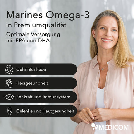 Produktinformationen zu Nobilin Krillöl® Omega 3 Plus mit der Angabe von Anwendungsgebieten: Gehirnfunktion, Herzgesundheit, Sehkraft und Immunsystem sowie Gelenke und Hautgesundheit
