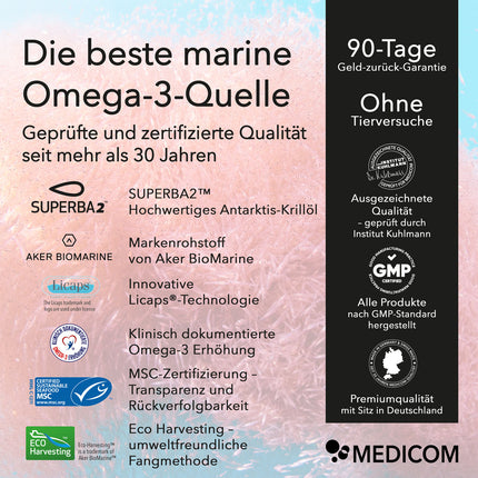 Mehrere Qualitätssiegel und Zertifikate des Produktes Nobilin Krillöl® Omega 3 Plus