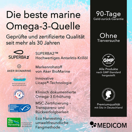 Mehrere Qualitätssiegel und Zertifikate des Produktes Nobilin Krillöl® Omega 3 Plus von Medicom