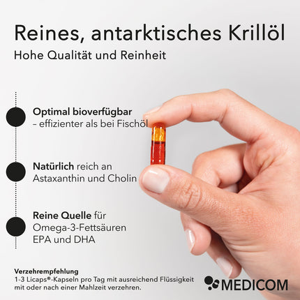 Eine Frauenhand hält eine Licaps®-Kapsel von Nobilin Krillöl® Omega 3 Plus zwischen Zeigefinger und Daumen (rechts im Bild). Produktinformationen wie optimale Bioverfügbarkeit, natürlich reich an Astaxanthin und Cholin und reine Quelle für Omega-3-Fettsäuren EPA und DHA. Unten im Bild die Verzehrempfehlung 
