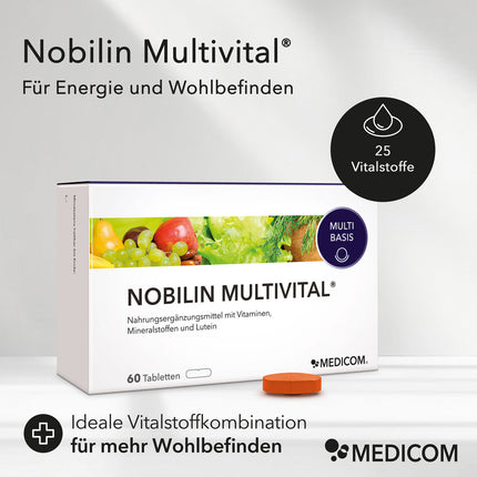 Die Produktpackung von Nobilin Multivital® mit einer Tablette im Vordergrund. Mit Angabe vom Anwendungsgebiet: Für Energie und Wohlbefinden und 25 Vitalstoffen