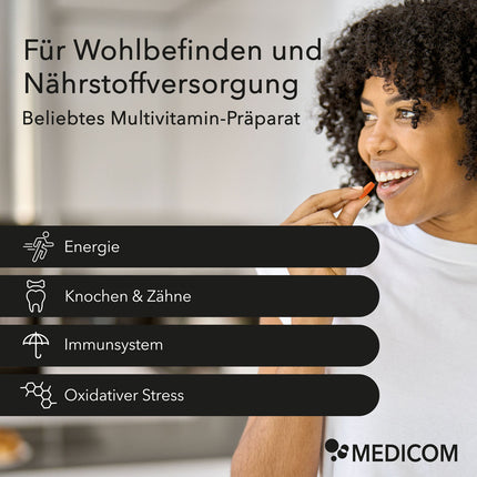 Produktinformationen zu Nobilin Multivital® mit Anwendungsgebieten: Energie, Knochen & Zähne, Immunsystem, oxidativer Stress. Eine Frau nimmt eine Tablette in den Mund.