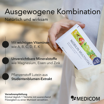 Produktinformationen zu Nobilin Multivital® mit Angabe von enthaltenen Vitaminen, Mineralstoffen und Pflanzenstoffen sowie der Verzehrempfehlung