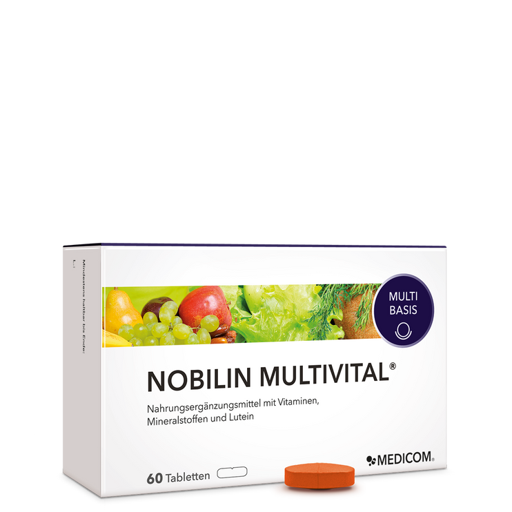 Nobilin Multvital® ­­ - die Vorderansicht der Packung mit einer Tablette vor der Produktpackung