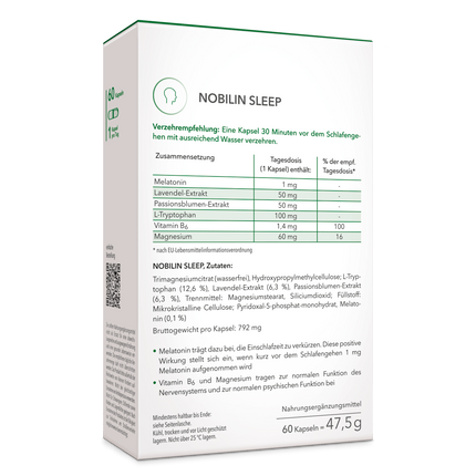 Nobilin Sleep – die Rückseite der Produktpackung mit genauer Angabe von Verzehrempfehlung, Zutaten und Zusammensetzung.