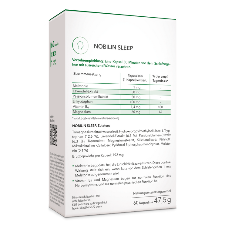 Nobilin Sleep – die Rückseite der Produktpackung mit genauer Angabe von Verzehrempfehlung, Zutaten und Zusammensetzung.