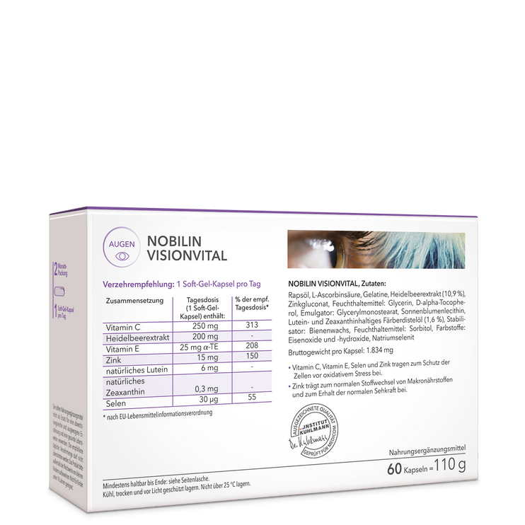 Nobilin Visionvital – die Rückseite der Produktpackung mit genauer Angabe von Verzehrempfehlung, Zutaten und Zusammensetzung.