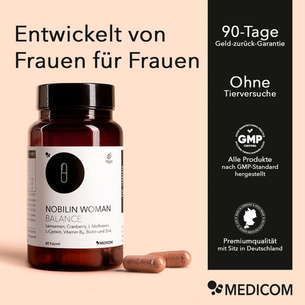 Die Produktdose von Nobilin Woman Balance mit Qualitätszertifikaten und Siegeln