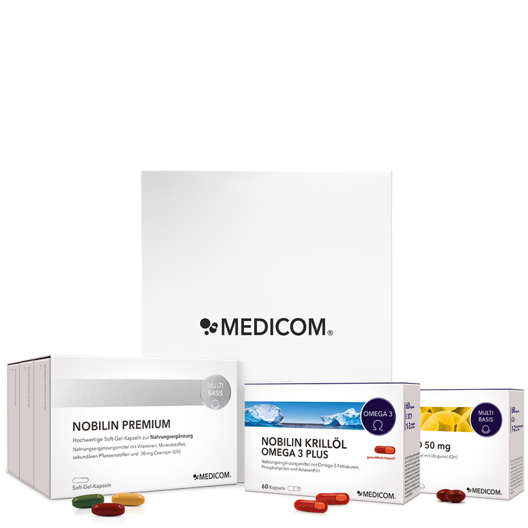 Produktzusammenstellung von Nobilin Premium Selection Gold mit der weißen Medicom-Box im Hintergrund