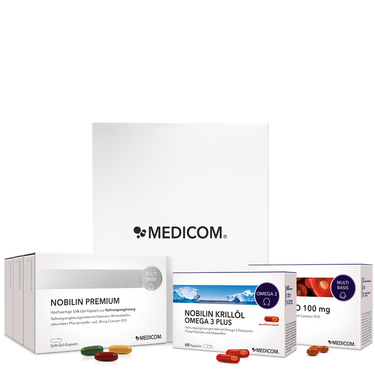 Nobilin Premium Selction Silber von Medicom mit der kompletten Produktkombination und der weißen Medicom-Box im Hintergrund